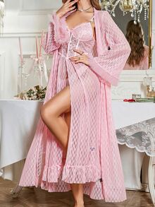 Slumberist 2pcs Set: 3D Mesh Long Sleeve Asymmetrical Diamond Jacquard Robe + Fish Bone Line Waist Lace Patchwork Asymmetrical Jacquard Nightgown - Baby Pink - View 4