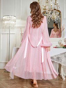 Slumberist 2pcs Set: 3D Mesh Long Sleeve Asymmetrical Diamond Jacquard Robe + Fish Bone Line Waist Lace Patchwork Asymmetrical Jacquard Nightgown - Baby Pink - View 2