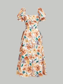 SHEIN MOD 女款浪漫鄉村風花卉花瓣袖洋裝，野餐度假奶油色夏季洋裝 - 彩色 - 查看 3