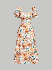 SHEIN MOD 女款浪漫鄉村風花卉花瓣袖洋裝，野餐度假奶油色夏季洋裝 - 彩色 - 查看 4