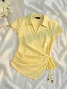 SHEIN MOD 女款夏季休閒純色綁帶不對稱下擺襯衫，夏季度假穿搭，復古風 - 黃色 - 查看 7