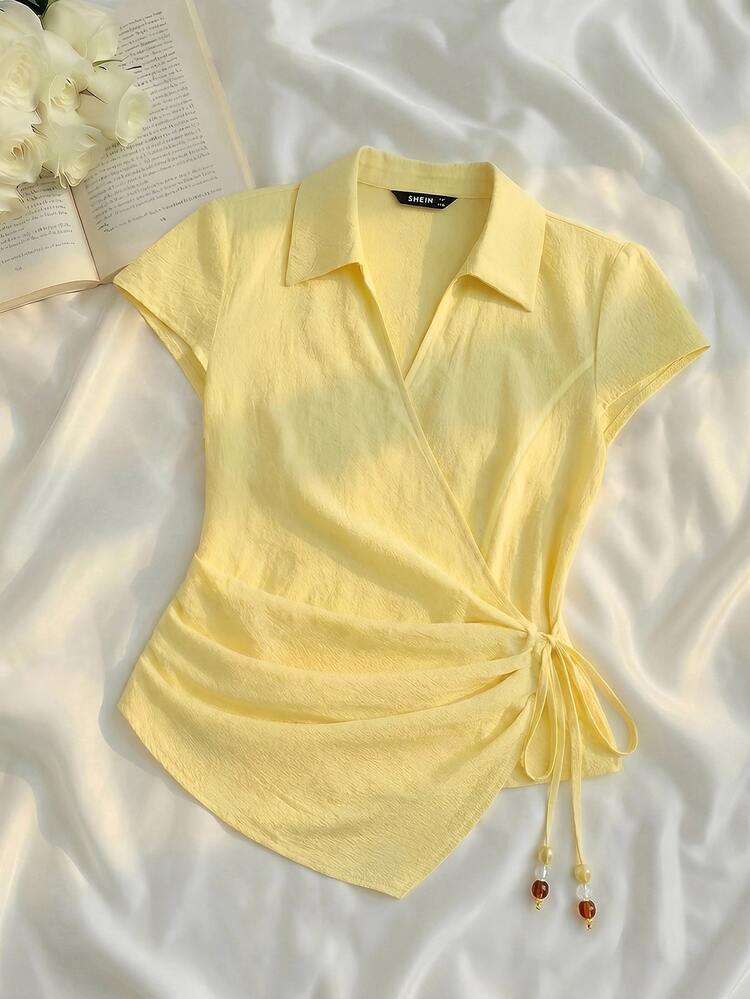 SHEIN MOD 女款夏季休閒純色綁帶不對稱下擺襯衫，夏季度假穿搭，復古風 - 黃色 - 查看 6