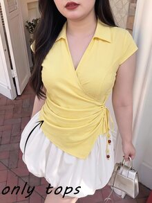 SHEIN MOD 女款夏季休閒純色綁帶不對稱下擺襯衫，夏季度假穿搭，復古風 - 黃色 - 查看 10