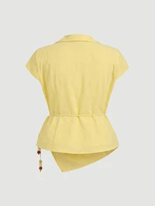 SHEIN MOD 女款夏季休閒純色綁帶不對稱下擺襯衫，夏季度假穿搭，復古風 - 黃色 - 查看 5