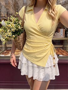 SHEIN MOD 女款夏季休閒純色綁帶不對稱下擺襯衫，夏季度假穿搭，復古風 - 黃色 - 查看 8