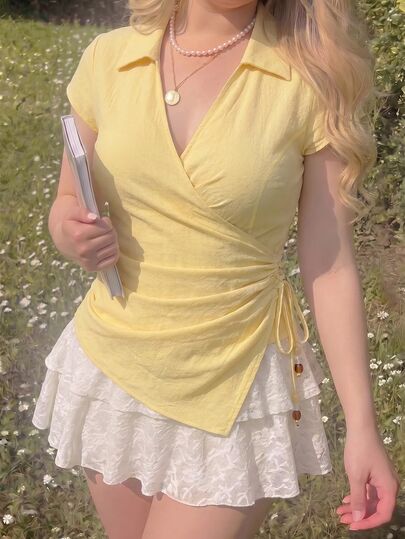 SHEIN MOD Camisa de mujer de verano casual de unicolor con nudo y dobladillo asimétrico,Verano,Atuendos de vacaciones,Retro,Vintage