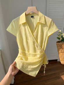 SHEIN MOD 女款夏季休閒純色綁帶不對稱下擺襯衫，夏季度假穿搭，復古風 - 黃色 - 查看 9