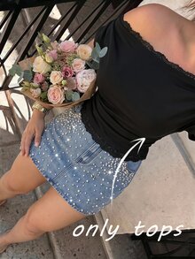 SHEIN MOD 大尺碼優雅性感純色蕾絲拼接不對稱領口T恤，適合約會之夜、晚餐、生日，黑色夏季款 - 黑色 - 查看 9