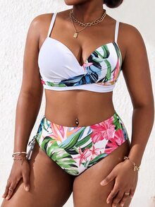 SHEIN Swim Curve Plus Size Women 2 Pieces High Waist Floral Bikini Set With Underwire Removable Padding, Summer Swimwear - Multicolor - View 5
