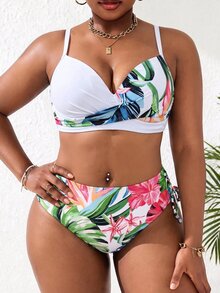 SHEIN Swim Curve Plus Size Women 2 Pieces High Waist Floral Bikini Set With Underwire Removable Padding, Summer Swimwear - Multicolor - View 4