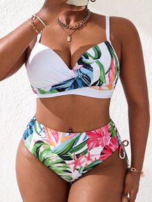 SHEIN Swim Curve Plus Size Women 2 Pieces High Waist Floral Bikini Set With Underwire Removable Padding, Summer Swimwear - Multicolor - View 3