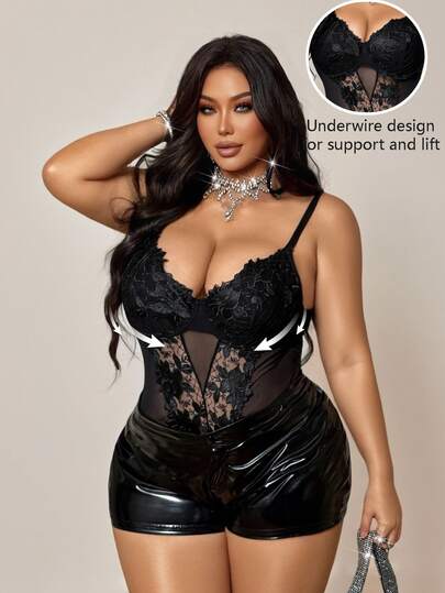 NU&NOW Plus Size Women's Black Lace Embroidered Mesh Sheer Bodysuit, Sexy Avant-Garde French Casual Knit Stretch Versatile Comfortable Innerwear, Black Dress, Sexy Women's Social Holiday Outfit, Black Bralette, Tight-Fitting Women's Black Formal Dress, Formal Dress, Outerwear, Young Elegant Sexy Patchwork Women's Top, Sexy Holiday Outfit, Social Black Top, Black Bodysuit, Black Bralette, Tight-Fitting High-End See-Through Off-Shoulder Slim-Fit Innerwear, Solid Color