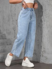 SHEIN ICON Plus Size Women Casual Loose Straight Leg Light Blue Non-Stretch Jeans - Light Wash - View 3