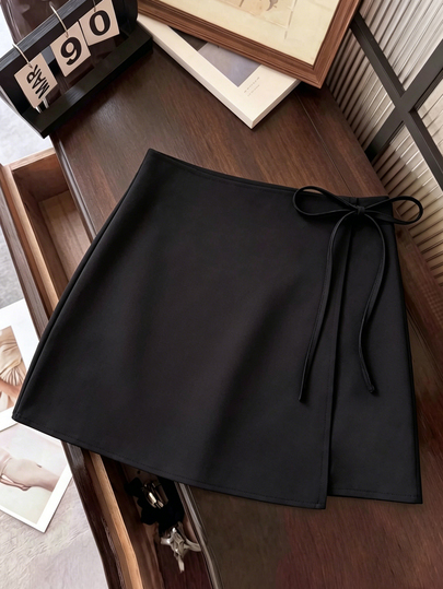 Franclia Saia feminina de moda com laço frontal, estilo minimalista, solta e casual, versátil para o dia a dia, escritório e ambiente de trabalho