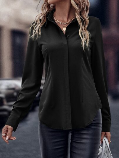 EMERY ROSE قميص بأكمام طويلة مصمم بنمط أساسي منحني، أساسي للسيدات ملائم وأنيق وذو أزرار، أكمام طويلة وياقة منتظمة باللون الأسود، مناسب للربيع والخريف للاستخدام المهني والرسمي والعمل، أطقم الأعلى الأكمام الطويلة
