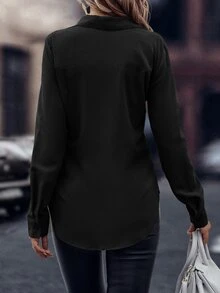 EMERY ROSE Women's Black Elegant Office Solid Curved Hem Shirt,Autumn Casual Button Long Sleeve Collar Regular Fit Blouses,Professional Business Workwear Tops - Black - View 2