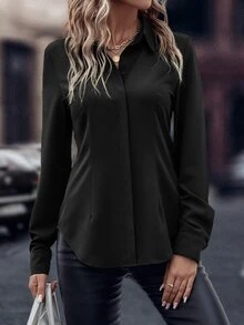 EMERY ROSE Women's Black Elegant Office Solid Curved Hem Shirt,Autumn Casual Button Long Sleeve Collar Regular Fit Blouses,Professional Business Workwear Tops - Black - View 5