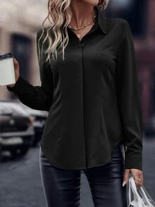 EMERY ROSE Women's Black Elegant Office Solid Curved Hem Shirt,Autumn Casual Button Long Sleeve Collar Regular Fit Blouses,Professional Business Workwear Tops - Black - View 3