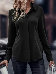 EMERY ROSE Women's Black Elegant Office Solid Curved Hem Shirt,Autumn Casual Button Long Sleeve Collar Regular Fit Blouses,Professional Business Workwear Tops - Black - View 4