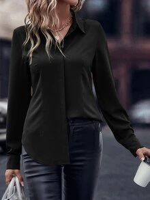 EMERY ROSE Women's Black Elegant Office Solid Curved Hem Shirt,Autumn Casual Button Long Sleeve Collar Regular Fit Blouses,Professional Business Workwear Tops - Black - View 6