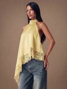SHEIN BAE 优雅蕾丝拼接露背缎面吊带背心，适合派对、鸡尾酒会、正式场合、圣诞节、商务休闲等场合。 - 黃色 - 查看 6