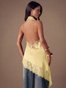 SHEIN BAE 优雅蕾丝拼接露背缎面吊带背心，适合派对、鸡尾酒会、正式场合、圣诞节、商务休闲等场合。 - 黃色 - 查看 2