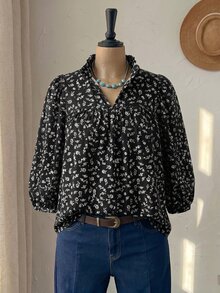 Rusticease 大尺碼女款春秋休閒波西米亞風 1960s 1920s 度假風碎花燈籠袖寬鬆襯衫，適合秋季早午餐、辦公、居家穿著，黑色正式款 - 彩色 - 查看 6