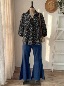 Rusticease 大尺碼女款春秋休閒波西米亞風 1960s 1920s 度假風碎花燈籠袖寬鬆襯衫，適合秋季早午餐、辦公、居家穿著，黑色正式款 - 彩色 - 查看 5
