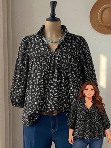 Rusticease 大尺碼女款春秋休閒波西米亞風 1960s 1920s 度假風碎花燈籠袖寬鬆襯衫，適合秋季早午餐、辦公、居家穿著，黑色正式款 - 彩色 - 查看 1