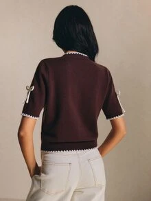 Poéselle 女款可愛蝴蝶結針織開襟衫 短袖鈕扣開襟上衣 配對比飾邊 秋季/夏季 Y2K 外出穿搭 棕色上衣 - 咖啡棕 - 查看 4