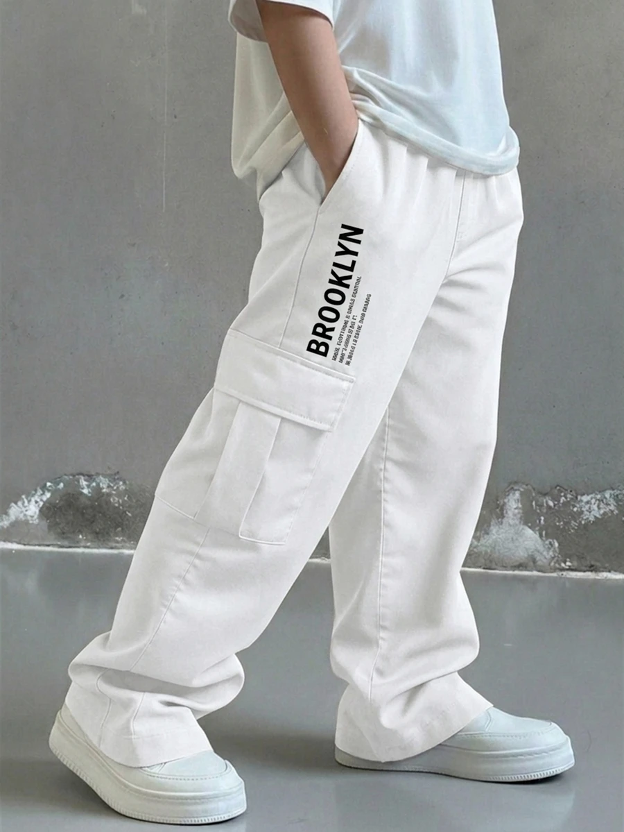 SHEIN 兒童青少年男孩休閒字母印花日常舒適工裝口袋直筒褲 - 白色 - 查看 1