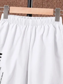 SHEIN 兒童青少年男孩休閒字母印花日常舒適工裝口袋直筒褲 - 白色 - 查看 6