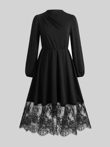 SHEIN 青少年女孩秋冬針織黑色圓領長袖蕾絲下擺長洋裝，適合秋冬穿著 - 黑色 - 查看 2