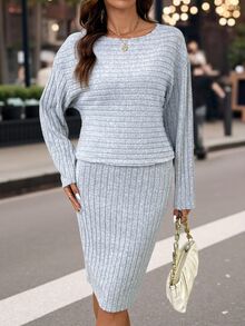 Editum Women's Solid Color Round Neck Long Sleeve Ribbed T-Shirt And Pencil Skirt Casual 2 Pieces Set Brunch Everyday Day Time Gray Autumn - Grey - View 6