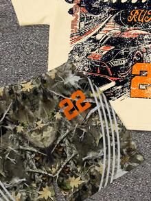 Young Boy Casual Minimalist T-Shirt Set, Classic Cool Handsome Retro Racing Car Graphic Print, Number 22, Street Style Dry Branch And Fallen Leaf Graphic Print, Striped Graphic Print, Suitable For Spring/Summer, Y2K - Multicolor - View 4