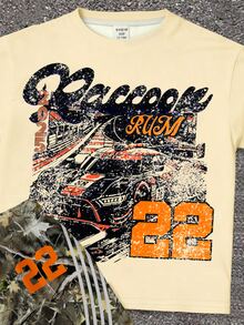 Young Boy Casual Minimalist T-Shirt Set, Classic Cool Handsome Retro Racing Car Graphic Print, Number 22, Street Style Dry Branch And Fallen Leaf Graphic Print, Striped Graphic Print, Suitable For Spring/Summer, Y2K - Multicolor - View 3