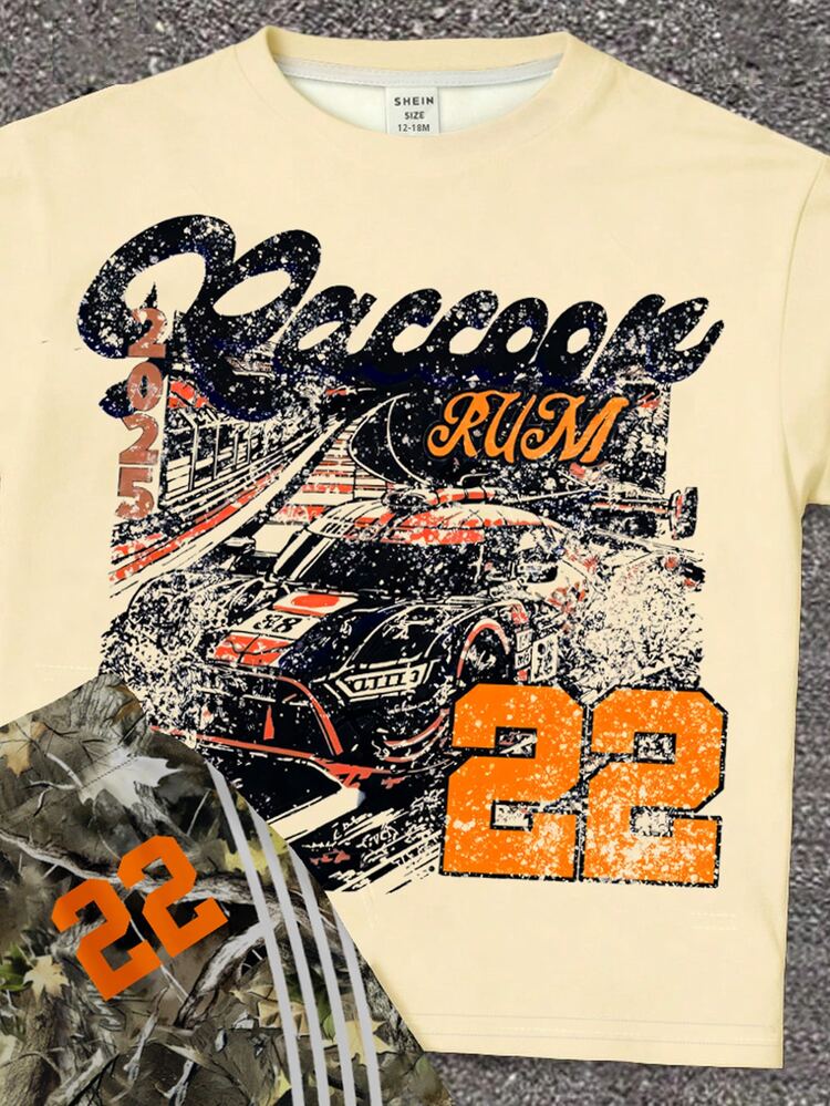 Young Boy Casual Minimalist T-Shirt Set, Classic Cool Handsome Retro Racing Car Graphic Print, Number 22, Street Style Dry Branch And Fallen Leaf Graphic Print, Striped Graphic Print, Suitable For Spring/Summer, Y2K - Multicolor - View 3