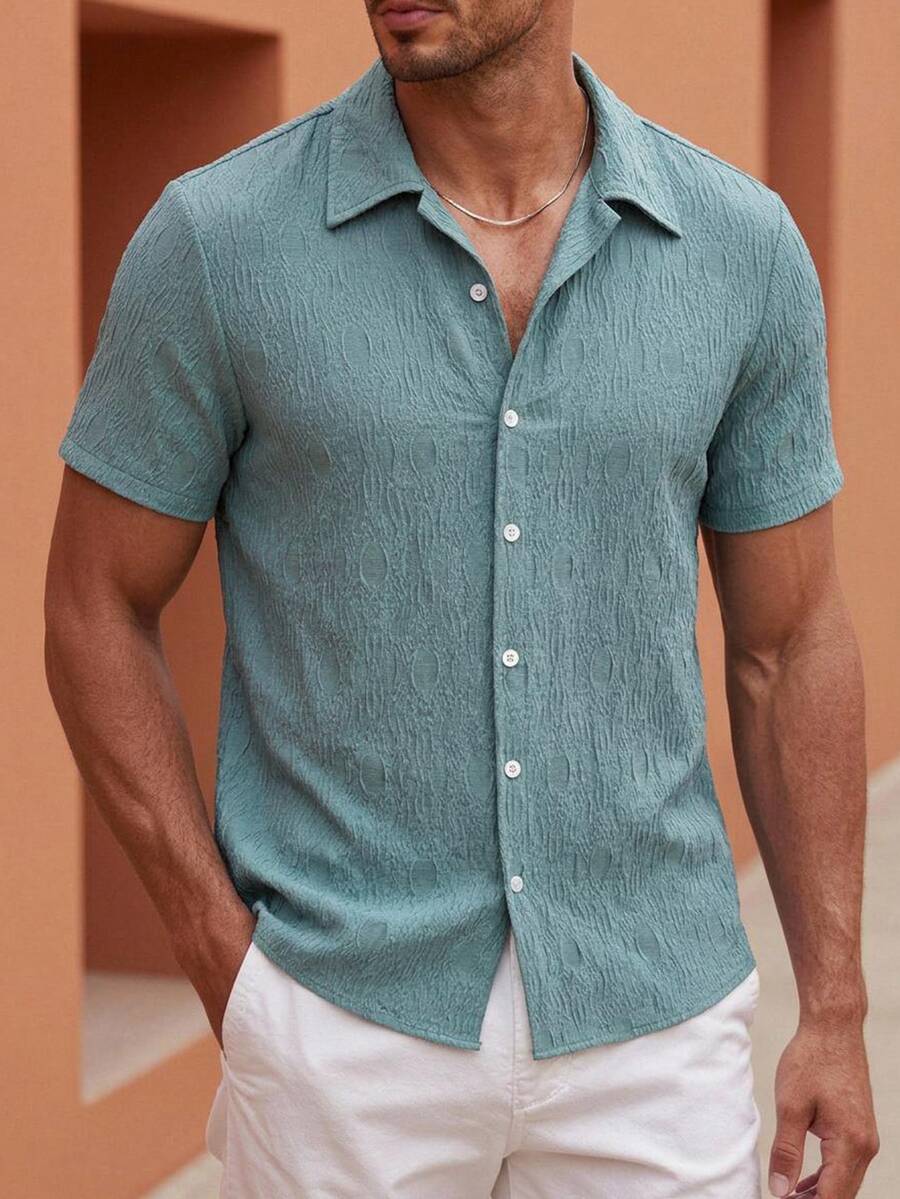 HIMLAND Men's Solid Color Single-Breasted Casual Versatile Daily Wear Shirt - Green - View 1