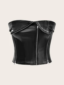 Aveloria Modichic Fashion Zipper Decorated Asymmetrical Pu Tube Top  - Black - View 2