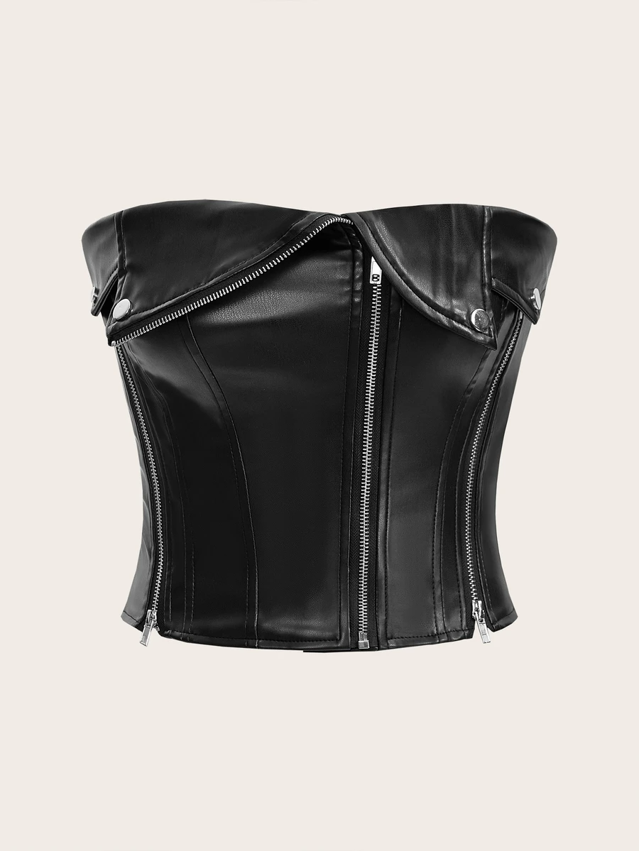 Aveloria Modichic Fashion Zipper Decorated Asymmetrical Pu Tube Top 
