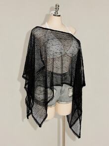 SHEIN ICON Women's Plus Size Spring/Summer Mesh Hollow-Out Apricot Top - Black - View 5