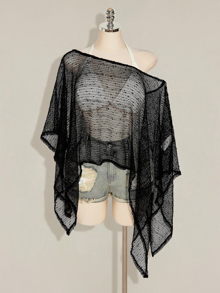 SHEIN ICON Women's Plus Size Spring/Summer Mesh Hollow-Out Apricot Top - Black - View 1
