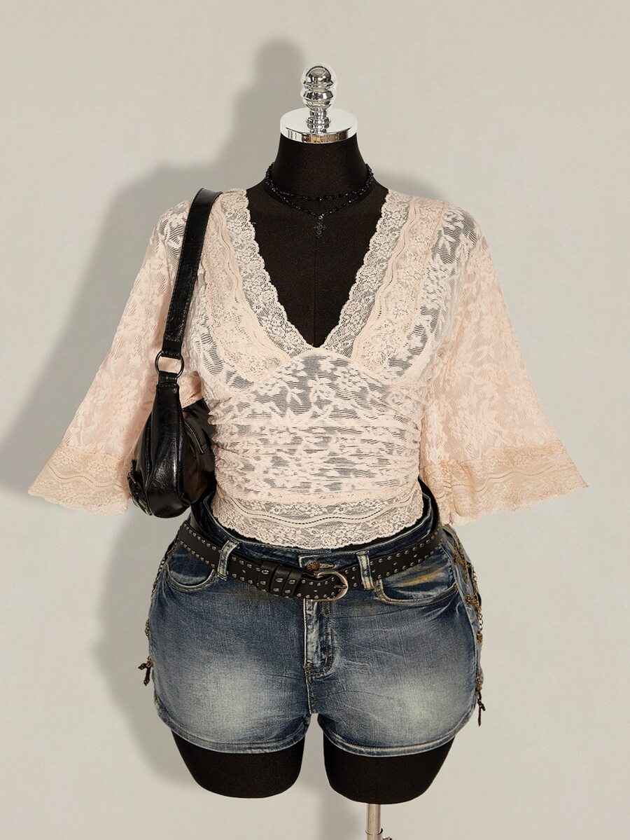 SHEIN ICON Plus Size Y2K Sexy V-Neck Lace Patchwork Flared Sleeve Top - Apricot - View 1