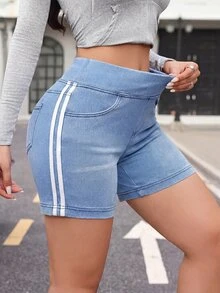 Flexra Women's Colorblock Casual Athleisure Everyday Denim Shorts Gym Beach Light Blue Summer - Blue - View 2
