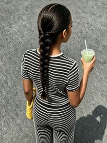 SHEIN 青少年女孩 2件組短袖T恤套裝，黃色條紋，清新舒適，度假休閒街頭時尚必備 - 黑與白 - 查看 6