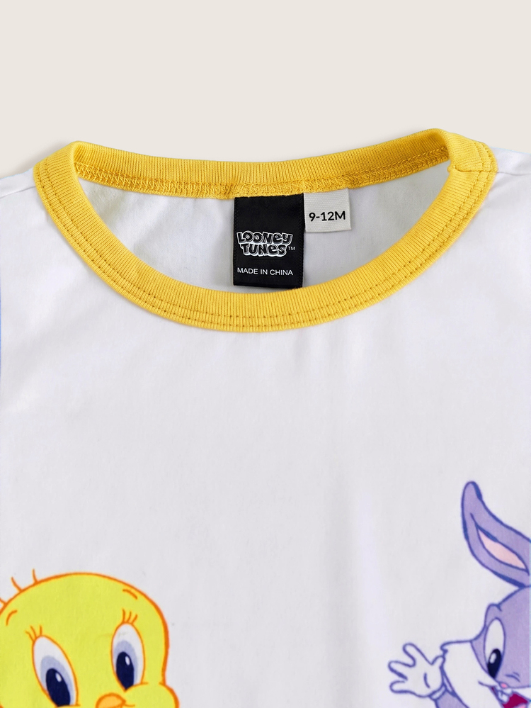LOONEY TUNES X SHEIN Baby Boy Cute Bird & Rabbit Print Striped Pocket Romper, Suitable For Spring & Summer - Yellow - View 3