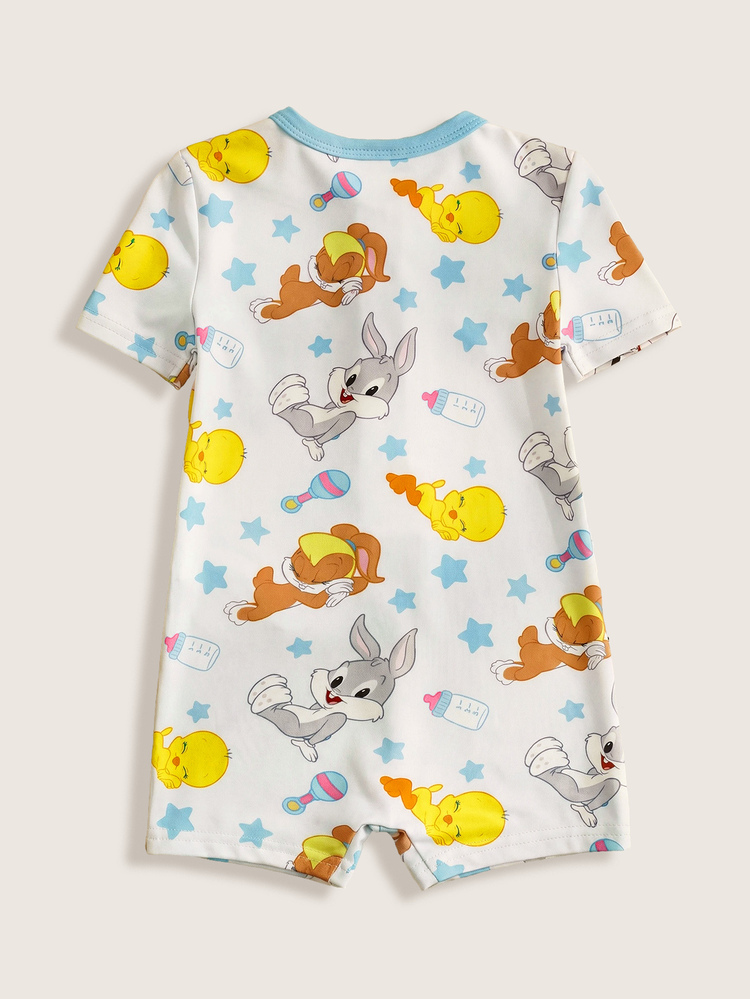LOONEY TUNES X SHEIN Baby Girl Summer Cute Cartoon Star Print Contrast Color Short Sleeve Button-Up Romper - Blue - View 2