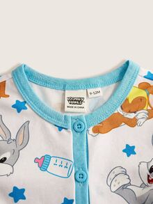 LOONEY TUNES X SHEIN Baby Girl Summer Cute Cartoon Star Print Contrast Color Short Sleeve Button-Up Romper - Blue - View 3