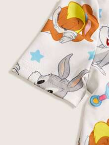 LOONEY TUNES X SHEIN Baby Girl Summer Cute Cartoon Star Print Contrast Color Short Sleeve Button-Up Romper - Blue - View 5