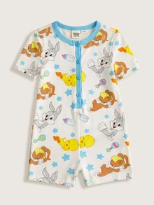 LOONEY TUNES X SHEIN Baby Girl Summer Cute Cartoon Star Print Contrast Color Short Sleeve Button-Up Romper - Blue - View 1